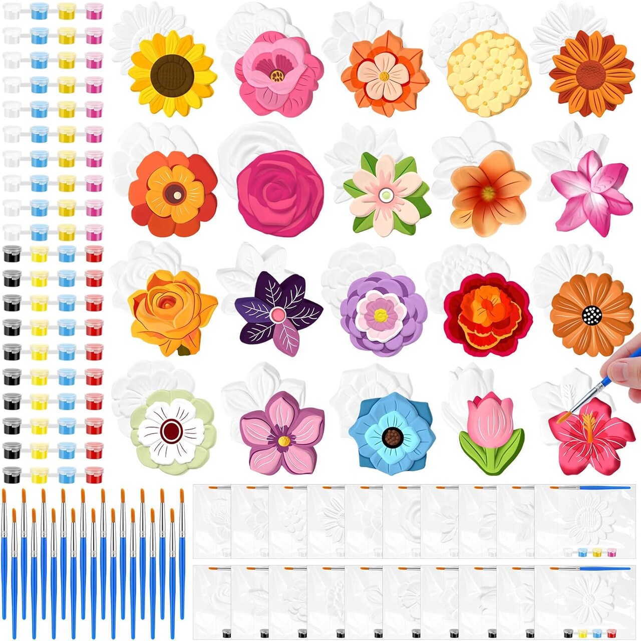 20-Set DIY Flower Painting Kit – Ceramic & Plaster Figurines, Paint Your Own Statues with Acrylic Paints and Brushes, Party Favors for Adults